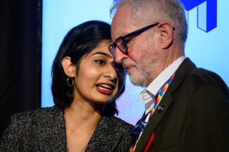 BRIGHTON, ENGLAND - SEPTEMBER 28: Labour MP for Coventry South Zarah Sultana (L) speaks with former Labour Party leader Jeremy Corbyn after addressing an audience at a fringe event for political festival The World Transformed, on the fourth day of the Labour Party conference on September 28, 2021 in Brighton, England.