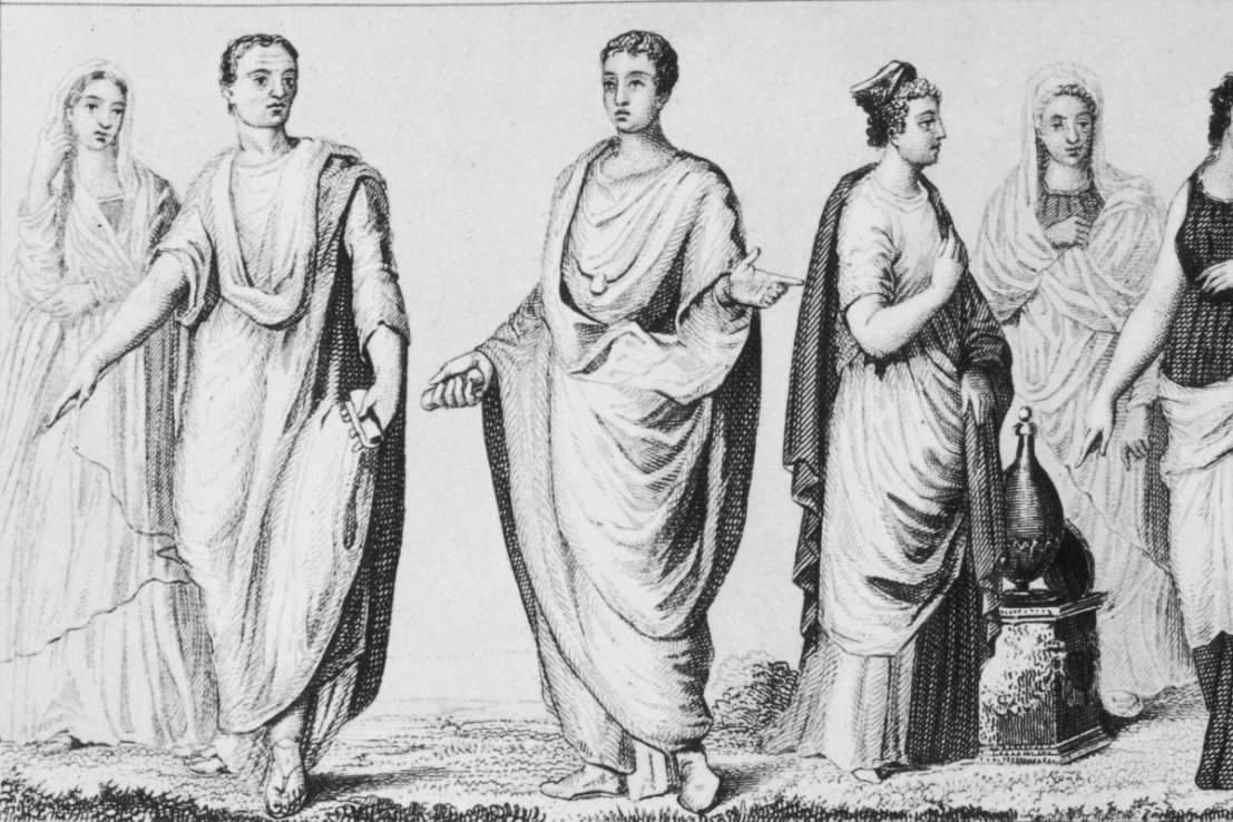 Fashions in ancient Rome, circa 1 AD. The man on the left is a Roman senator. (Photo by Hulton Archive/Getty Images)