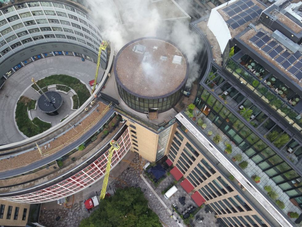 Handout photo issued by London Fire Brigade of firefighters battling a blaze at the Helios Building at Television Centre, the former home of the BBC in London's White City. The fire is affecting floors towards the top of the building, which include a restaurant and an area of external decking and ducting, while an unknown number of flats have also potentially been affected. Issue date: Saturday September 6, 2025. PA Photo. Photo credit should read: London Fire Brigade /PA Wire NOTE TO EDITORS: This handout photo may only be used for editorial reporting purposes for the contemporaneous illustration of events, things or the people in the image or facts mentioned in the caption. Reuse of the picture may require further permission from the copyright holder.