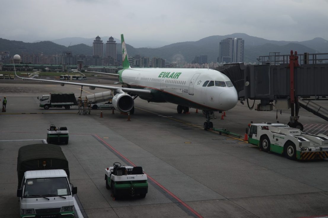 TAIPEI, TAIWAN - OCTOBER 07: An EVA Airways aircraft parks at Taipei Songshan Airport on October 07, 2023 in Taipei, Taiwan. Tensions between the People's Republic of China and Taiwan have been rising in recent years with the Chinese government’s threats of invading the self-ruled democratic island because of its claim that Taiwan is a breakaway province from China. (Photo by Alex Wong/Getty Images)
