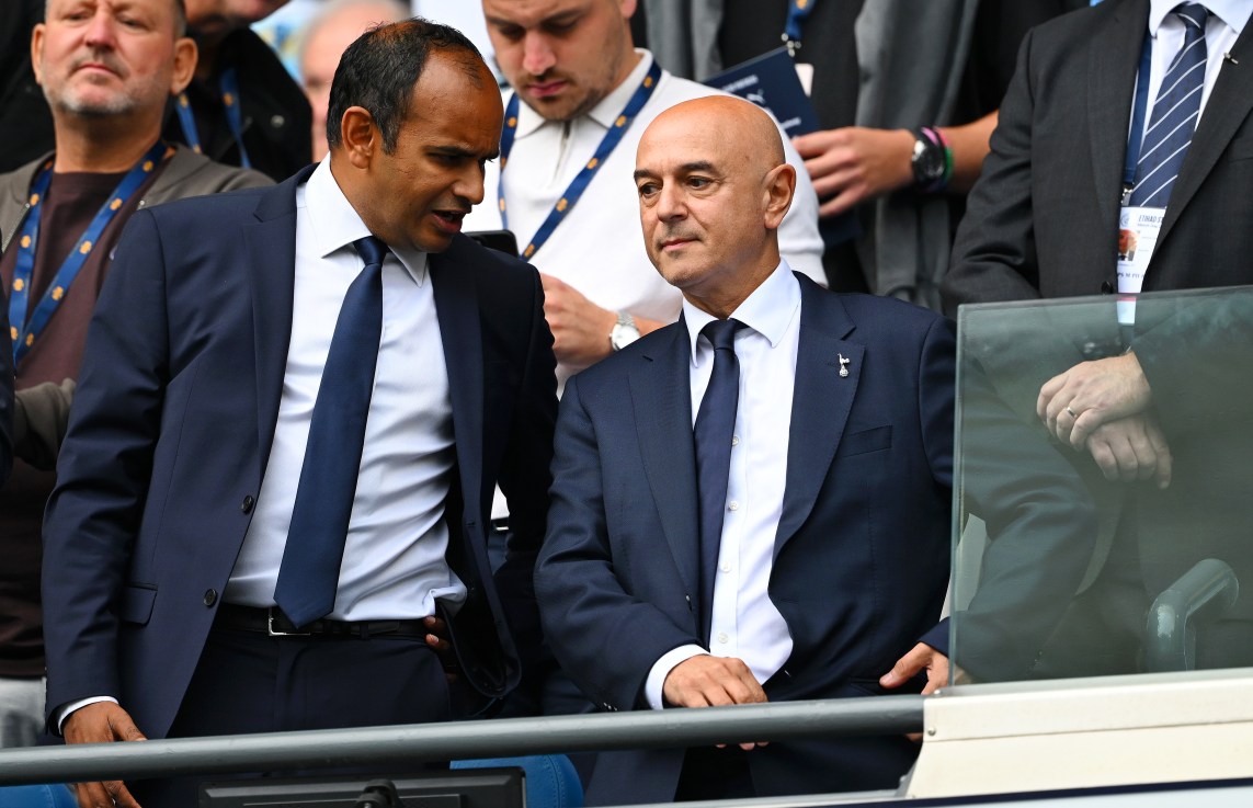 MANCHESTER, ENGLAND - AUGUST 23: Vinai Venkatesham, CEO of Tottenham Hotspur, and Daniel Levy, Chairman of Tottenham Hotspur, are seen in attendance prior to the Premier League match between Manchester City and Tottenham Hotspur at Etihad Stadium on August 23, 2025 in Manchester, England. (Photo by Clive Mason/Getty Images)