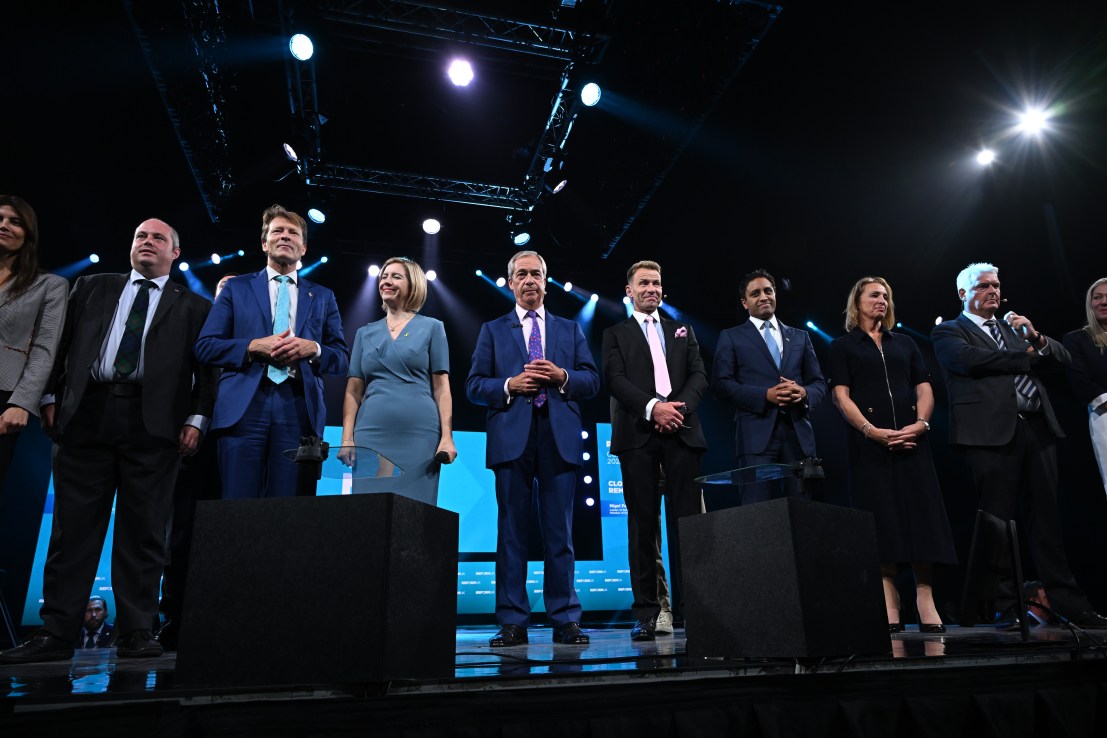 BIRMINGHAM, ENGLAND - SEPTEMBER 06: Leader of Reform UK Nigel Farage addresses delegates on day two of the Reform UK party conference at National Exhibition Centre on September 06, 2025 in Birmingham, England. Members of Reform UK gather at the NEC Birmingham for the Party's two-day conference. (Photo by Leon Neal/Getty Images)