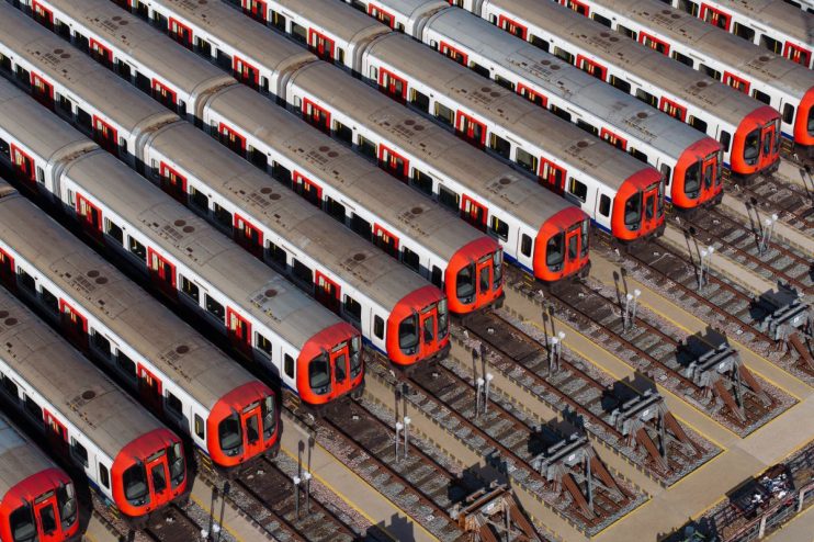 UPMINSTER, ENGLAND - SEPTEMBER 08: Tube trains are stacked at Upminster rail depot on September 08, 2025 in Upminster, England. London Underground workers have begun a strike that impacts most of the network, with limited or no services running on the Tube and DLR between Sunday and Friday. Members of the Rail, Maritime and Transport union (RMT) voted to strike after failed negotiations with Transport for London (TfL) over pay and working conditions. (Photo by Dan Kitwood/Getty Images)