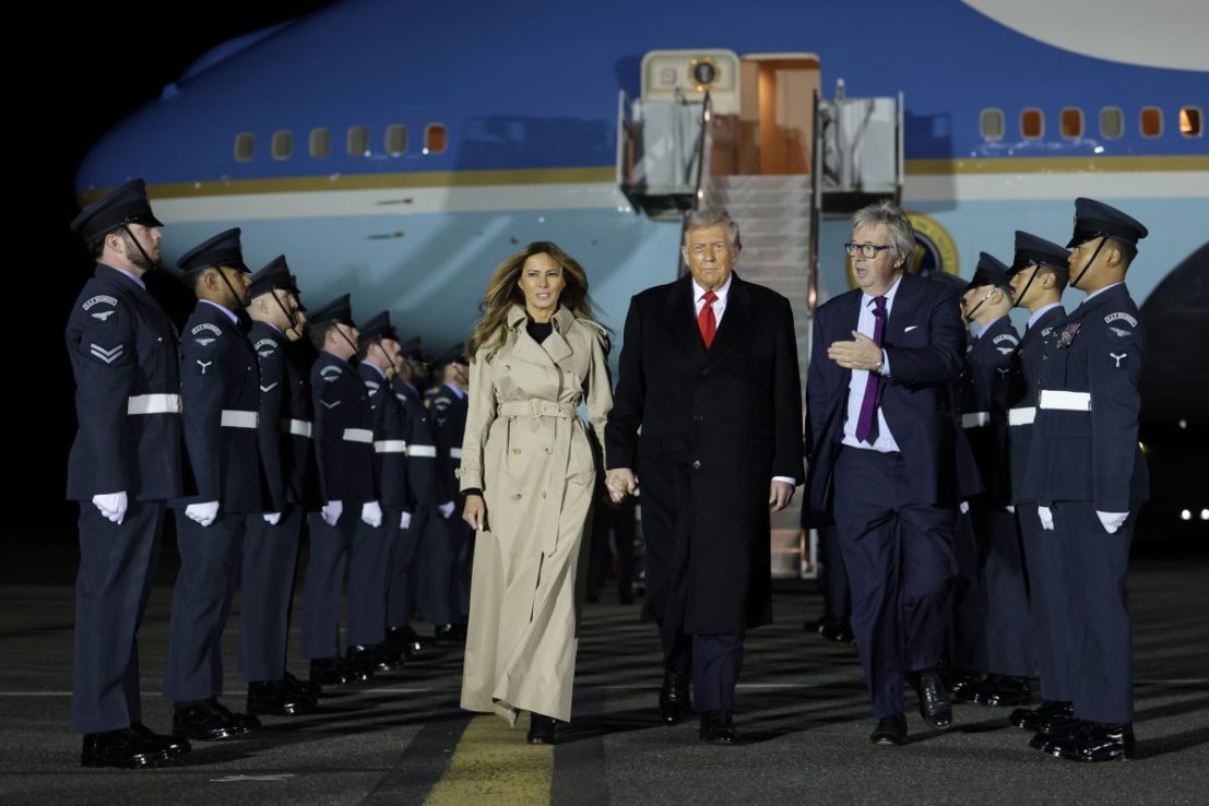 STANSTED, ESSEX - SEPTEMBER 16: U.S. President Donald Trump and First Lady Melania Trump disembark Air Force One after arriving at London Stansted Airport for a state visit on September 16, 2025 in Stansted, Essex. President Trump is in England from Sept. 16-18 on his second UK state visit, with the previous one taking place in 2019 during his first presidential term. (Photo by Anna Moneymaker/Getty Images)
