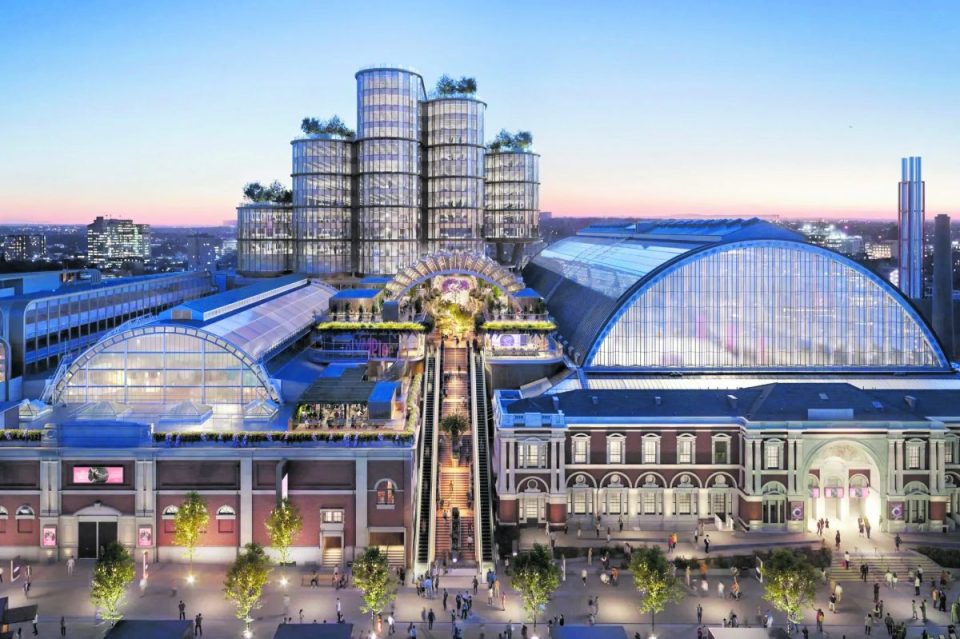 Kensington Olympia development site showcasing modern architecture and urban planning in progress, October 2023.