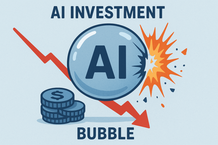 AI bubble depicted as a fragile, iridescent sphere on the verge of bursting, symbolizing market volatility and future unce...