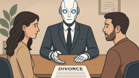 AI-powered robot assisting couple with divorce paperwork in a modern office setting, highlighting legal tech advancements