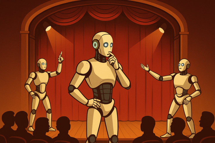 AI-driven theatrical performance showcasing advanced robotics and technology in a modern, dynamic stage setting