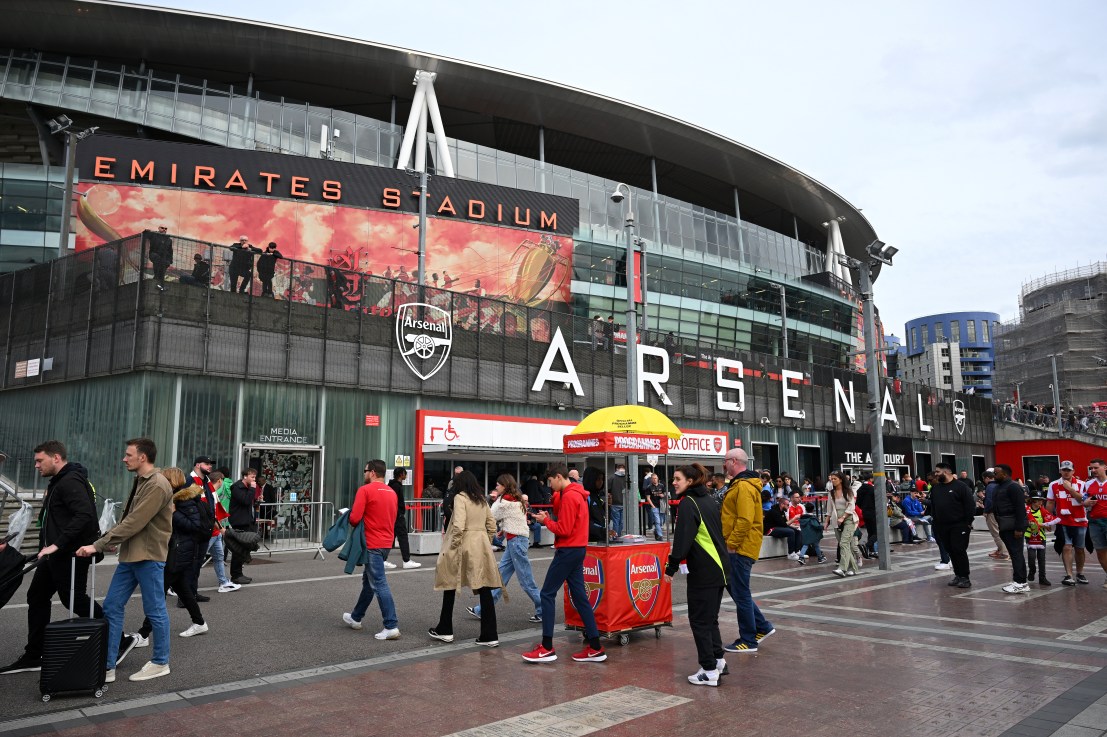 LONDON, ENGLAND - APRIL 14: General view outside the stadium as fans arrive prior to the Premier League match between Arsenal FC and Aston Villa at Emirates Stadium on April 14, 2024 in London, England. (Photo by Shaun Botterill/Getty Images)