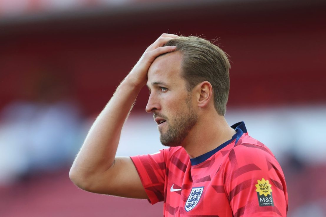 NOTTINGHAM, ENGLAND - JUNE 10: Harry Kane of England looks on, during the warm up prior to the international friendly match between England and Senegal at City Ground on June 10, 2025 in Nottingham, England. (Photo by Carl Recine/Getty Images)