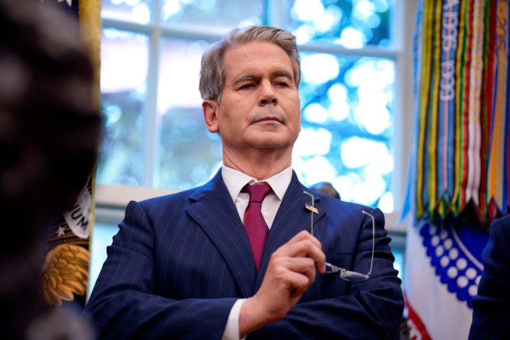 The FTSE 100 was down 0.1 per cent following Bessent’s broadside against China. (Photo by Andrew Harnik/Getty Images)