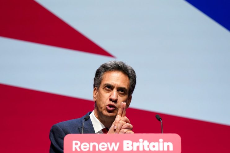 LIVERPOOL, ENGLAND - OCTOBER 1: Secretary of State for Energy Security and Net Zero, Ed Miliband, gestures as he speaks on stage on the last day of the Labour Conference at ACC Liverpool on October 1, 2025 in Liverpool, England. Labour Conference comes to a close with speeches from the Secretary of State for Energy Security and Net Zero and Secretary of State for Environment, Food and Rural Affairs. (Photo by Ian Forsyth/Getty Images)