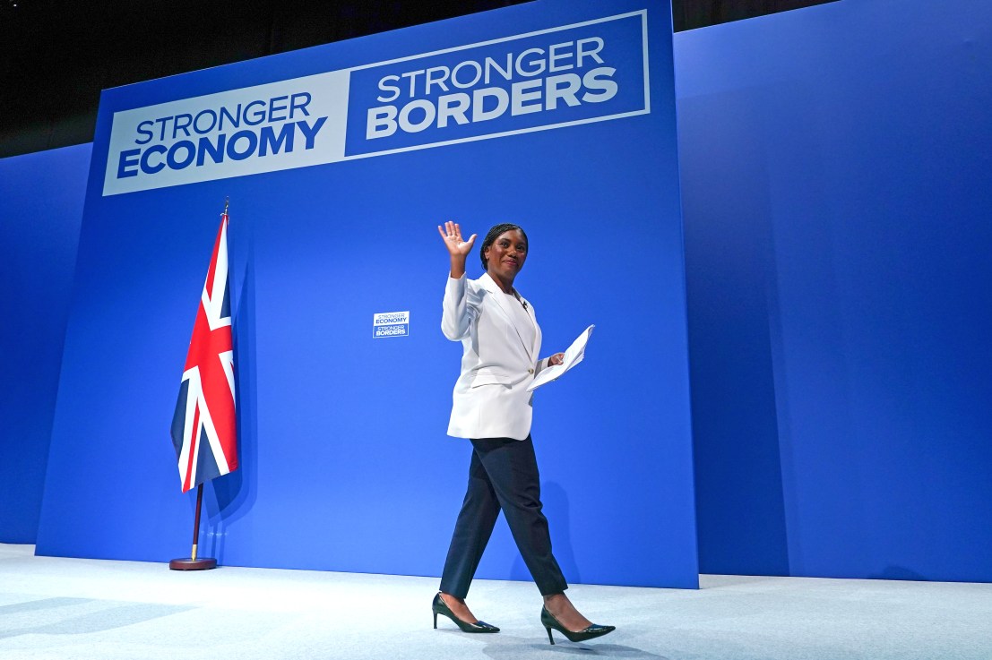MANCHESTER, ENGLAND - OCTOBER 05: Kemi Badenoch, Leader of the Conservative party, leaves the stage after addressing delegates in her ‘Leaders Welcome’ speech on the first day of the Conservative party conference on October 05, 2025 in Manchester, England.Kemi Badenoch goes into her first conference as party leader with  current polling putting the Conservative Party in fourth place behind Reform, Labour and the Liberal Democrats. (Photo by Ian Forsyth/Getty Images)