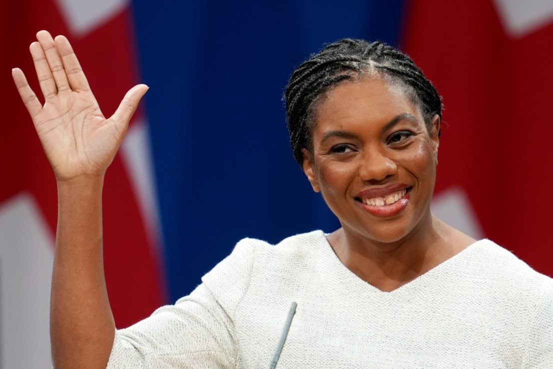 MANCHESTER, ENGLAND - OCTOBER 08: Conservative Party leader Kemi Badenoch waves as she prepares to deliver her speech on the final day of the Conservative Party conference at Manchester Central Convention Complex on October 08, 2025 in Manchester, England.Kemi Badenoch goes into her first conference as party leader with current polling putting the Conservative Party in fourth place behind Reform, Labour and the Liberal Democrats. (Photo by Christopher Furlong/Getty Images)