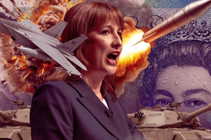 Rachel Reeves speaking at a defense conference podium, emphasizing economic strategies and national security policies.