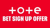 Tote Bet sign-up offer display with promotional text and graphics for new customers on a bright, engaging background