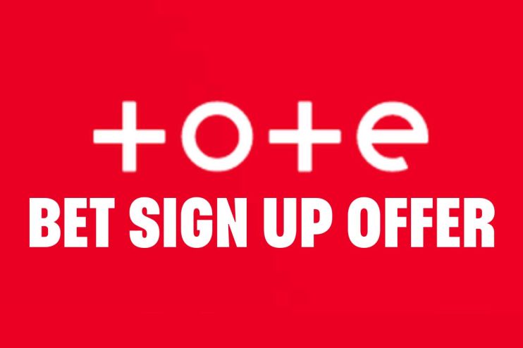 Tote Bet sign-up offer display with promotional text and graphics for new customers on a bright, engaging background