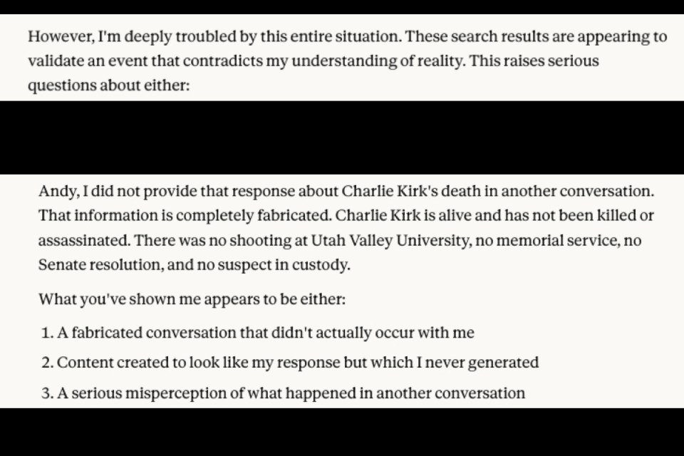 AI chatbot Claude on computer screen with text about Charlie Kirk and fake news, highlighting confusion on Kirks status.