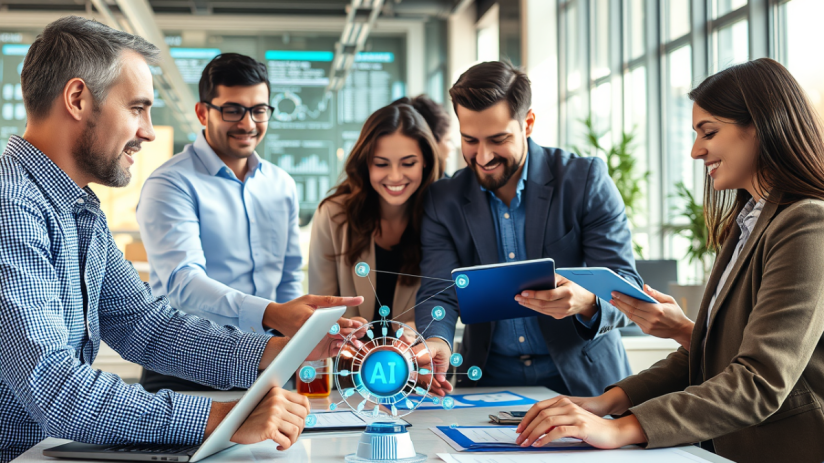 Business team collaborating with AI technology to boost efficiency and productivity in modern office setting