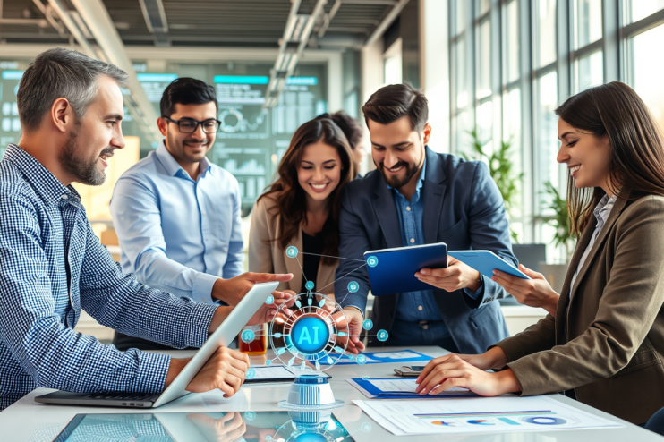 Business team collaborating with AI technology to boost efficiency and productivity in modern office setting