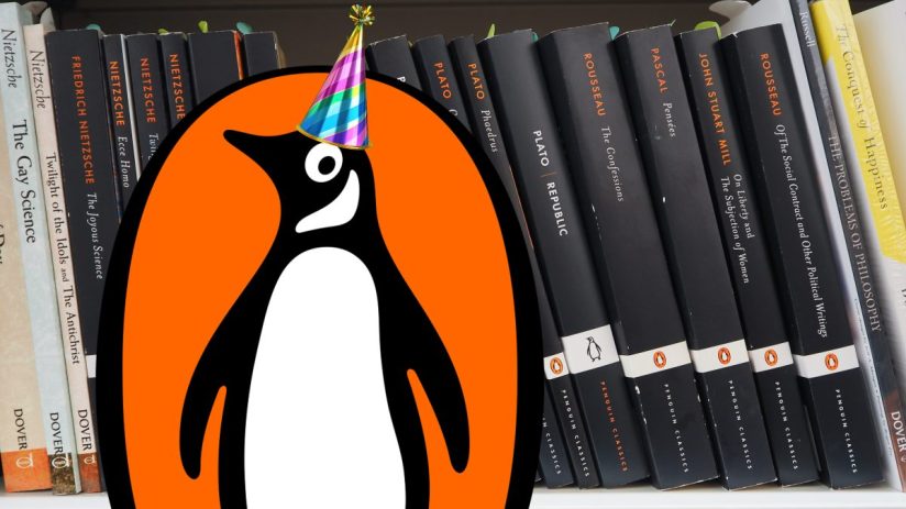 Penguin Classics book collection celebrating their anniversary with iconic titles and elegant cover designs displayed on a...
