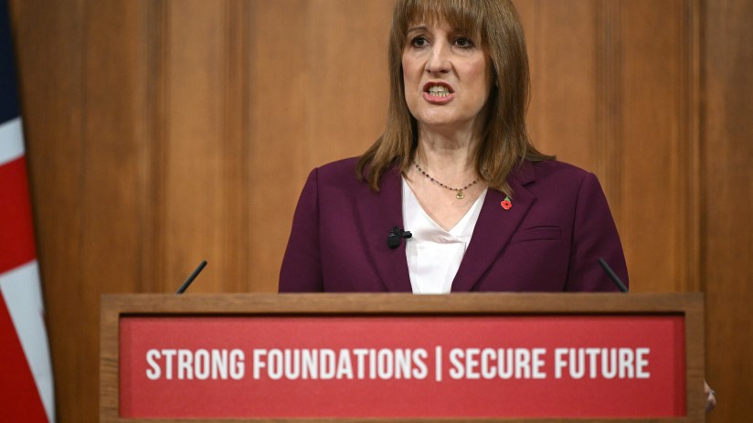 Chancellor Rachel Reeves gives a speech in Downing Street.