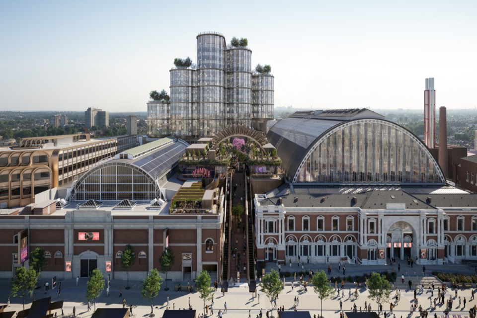 Daytime aerial view of a city skyline with clear skies, emphasizing urban architecture and vibrant business district ambiance