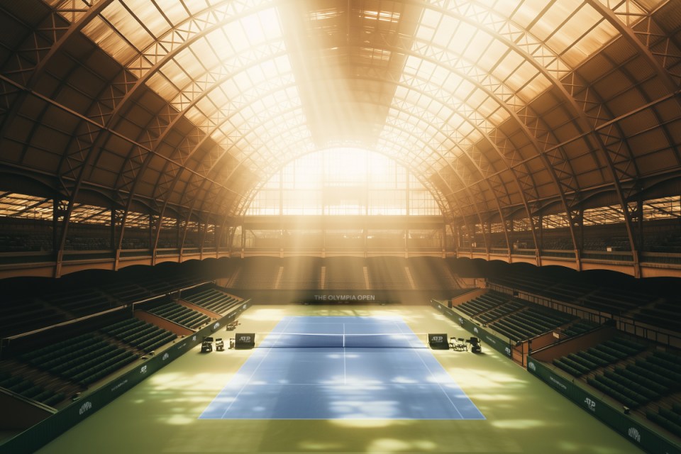 Olympia Grand indoor tennis tournament action with players competing on a blue court under bright overhead lights