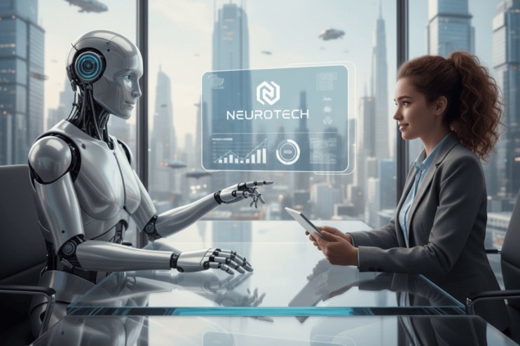 AI-powered virtual job interview platform showcasing candidate interaction with digital interviewer interface