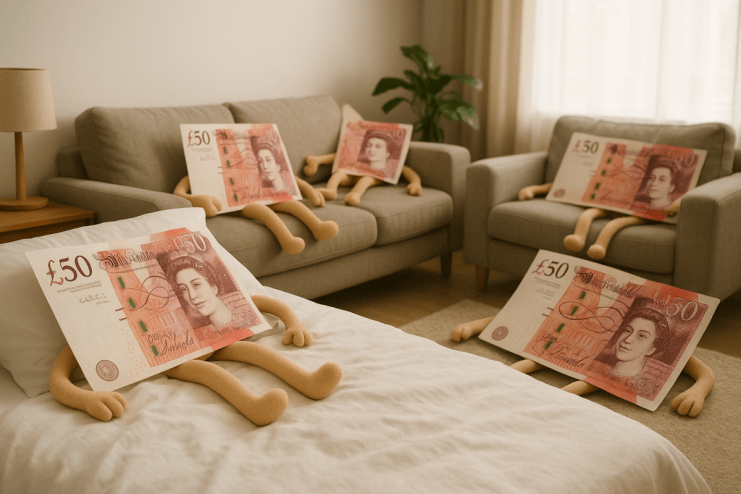 Stacks of cash representing underperforming Cash ISAs with the phrase lazy money to highlight financial inefficiency.