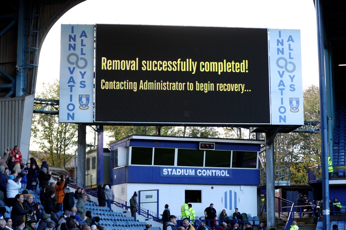 SHEFFIELD, ENGLAND - OCTOBER 25: The LED board refers to the removal of the owner of Sheffield Wednesday, Dejphon Chansiri, after the club was placed in administration earlier this week, prior to the Sky Bet Championship match between Sheffield Wednesday and Oxford United at Hillsborough on October 25, 2025 in Sheffield, England. (Photo by Cameron Smith/Getty Images)