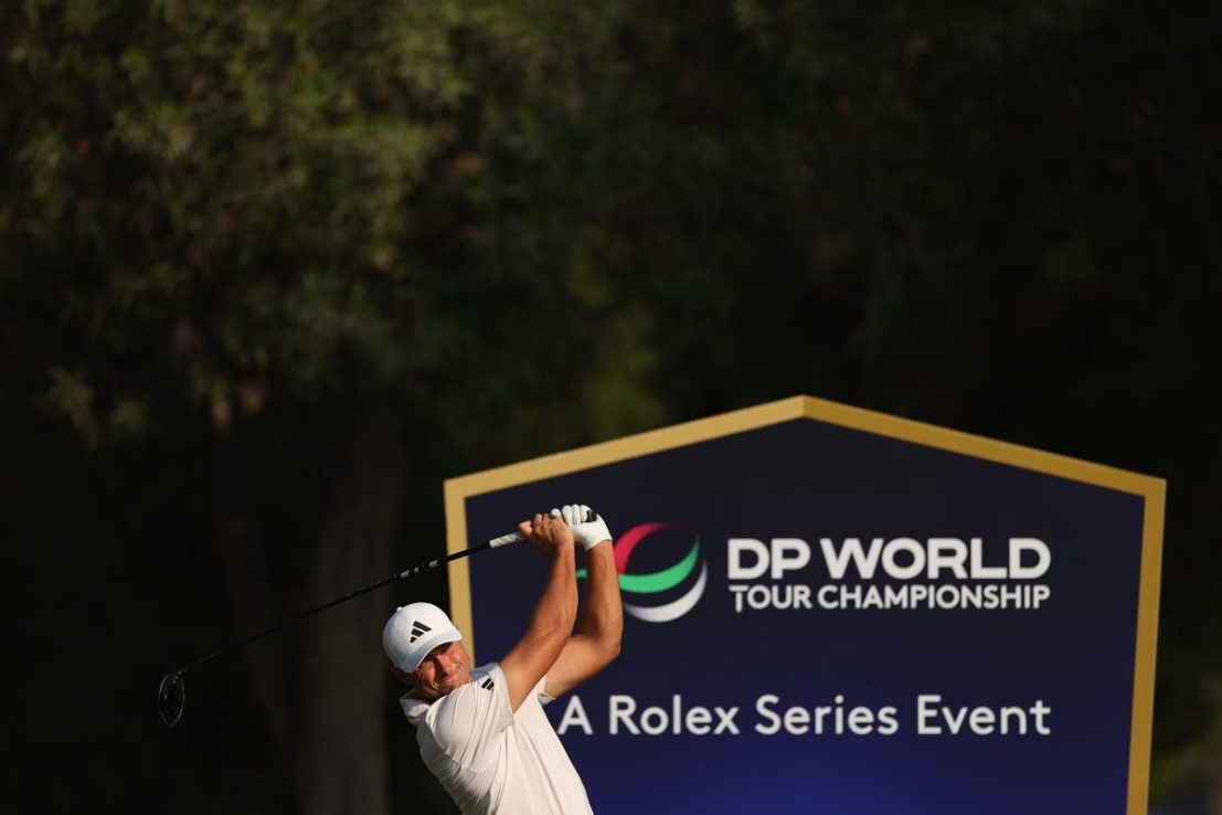 DUBAI, UNITED ARAB EMIRATES - NOVEMBER 11: Ludvig Aberg of Sweden tees off during a Pro-Am prior to the DP World Tour Championship 2025 at Jumeirah Golf Estates on November 11, 2025 in Dubai, United Arab Emirates. (Photo by Richard Heathcote/Getty Images)