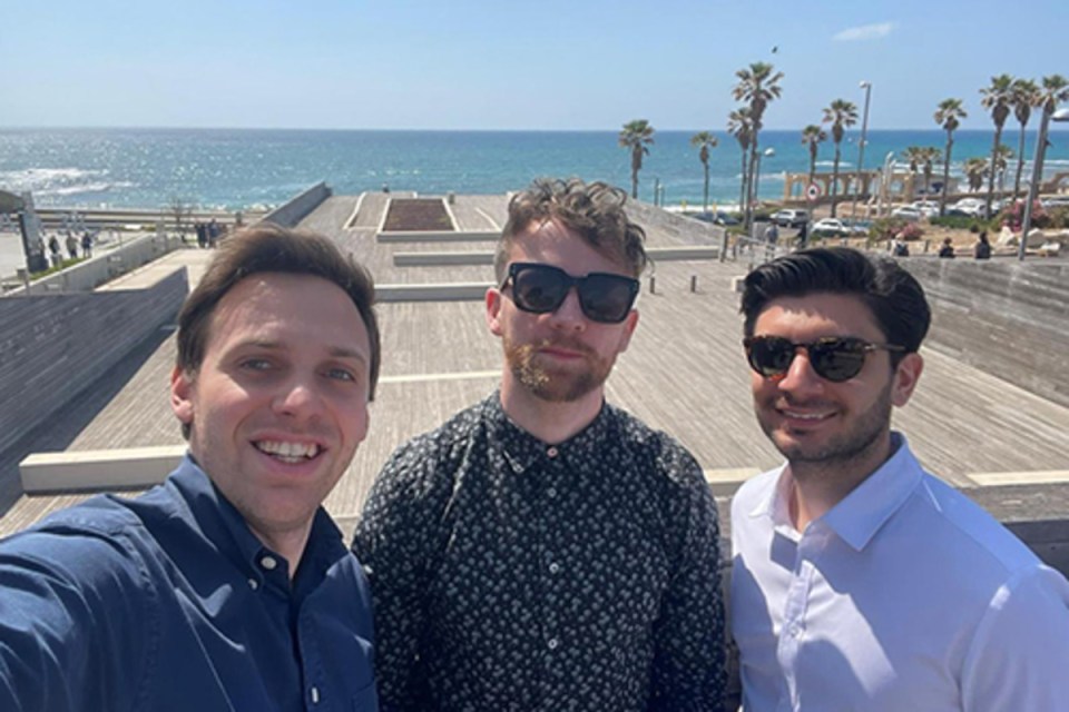 Harry Young with two students on Israel-Palestinian elective module in Israel, engaged in field study on regional issues