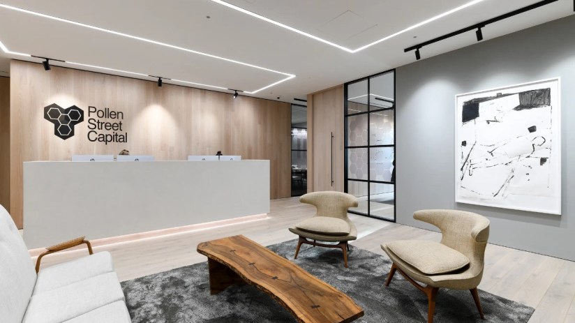 Pollen Street 56 storefront with modern architecture, showcasing vibrant signage and bustling pedestrian activity