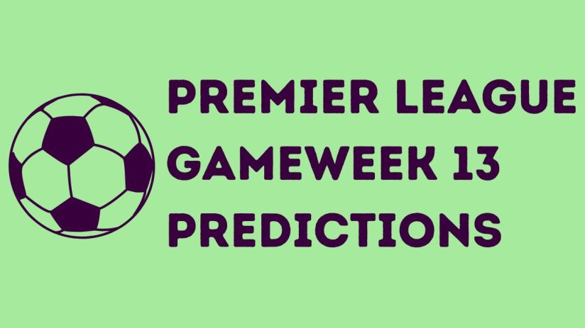 Premier League Gameweek 13 predictions with team logos, player action shots, and match fixtures displayed prominently