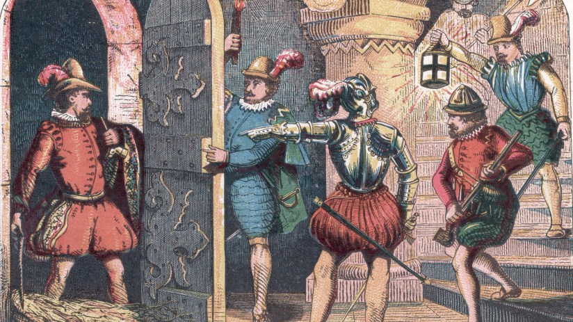 Historical depiction of the Gunpowder Plot conspirators discussing plans in a dimly lit chamber with barrels of gunpowder ...