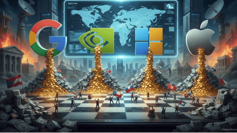 Apple, Google, Nvidia, and Microsoft logos with financial charts, illustrating tech giants spending surpassing country bud...
