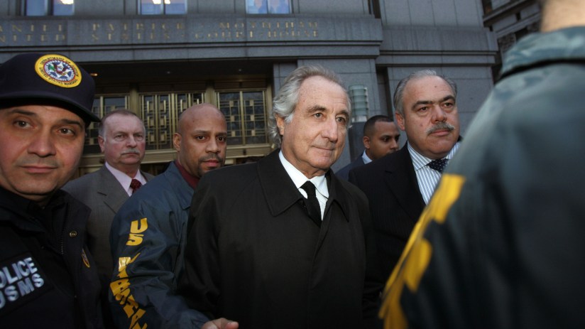 Bernie Madoff in a courtroom setting, wearing a suit, showcasing expressions related to financial fraud trial news.