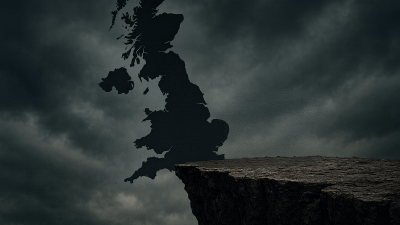 Britain facing economic uncertainty with financial charts, London skyline, and concerned business leaders in focus