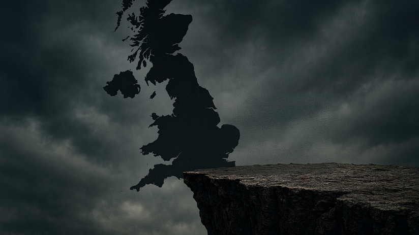 Britain facing economic uncertainty with financial charts, London skyline, and concerned business leaders in focus