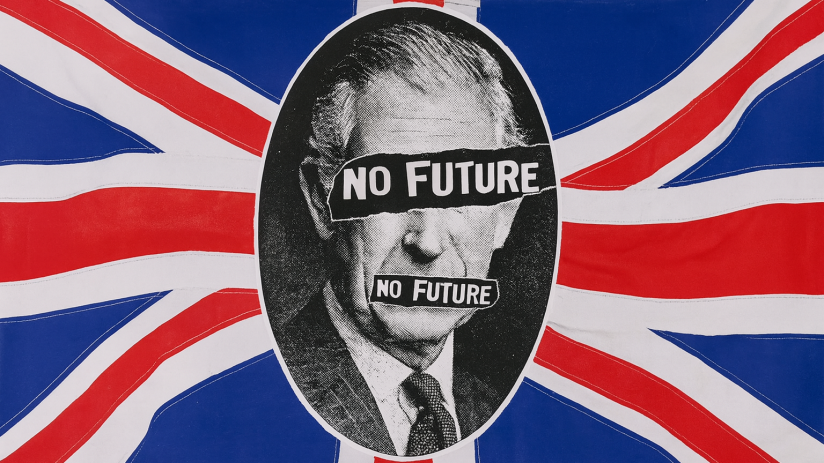 King Charles III depicted in a punk-inspired Sex Pistols style, symbolizing Britains crisis of hope and societal disillusi...
