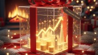 Christmas sales surge illustrated by festive decorations and economic growth indicators in a business news context.