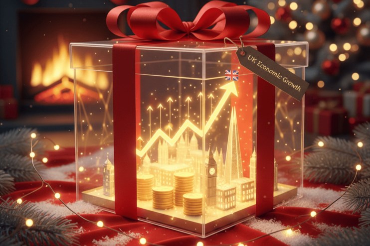 Christmas sales surge illustrated by festive decorations and economic growth indicators in a business news context.