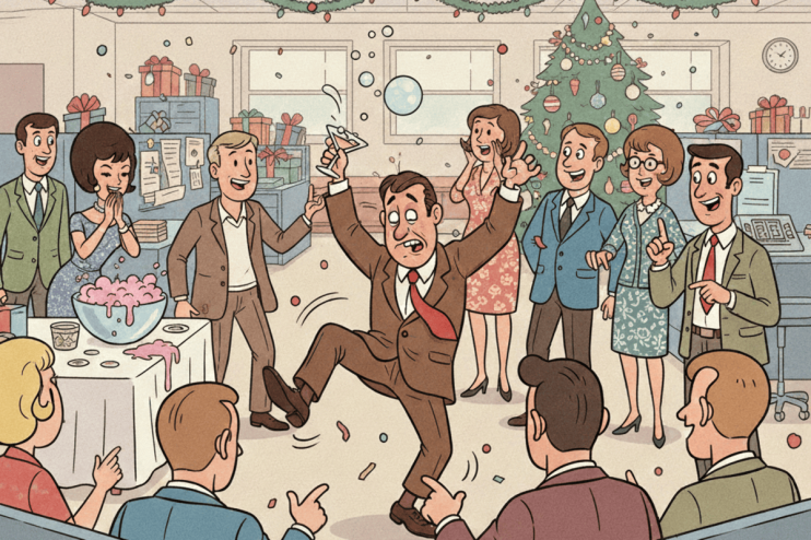 Retro-themed Christmas work party with colleagues wearing festive attire, vintage decorations, and holiday cheer in an off...