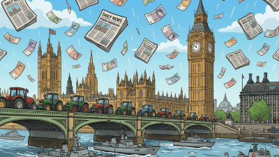 City AM annual politics quiz illustrated with politicians debating, audience engaged, and quizmaster moderating in a livel...