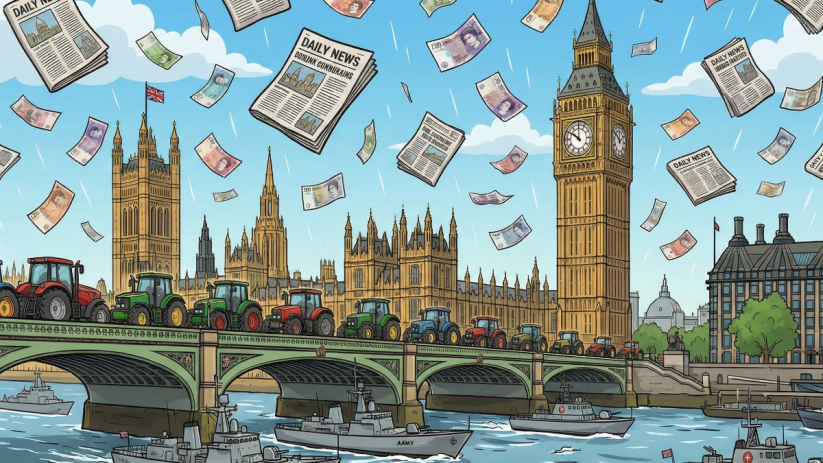 City AM annual politics quiz illustrated with politicians debating, audience engaged, and quizmaster moderating in a livel...