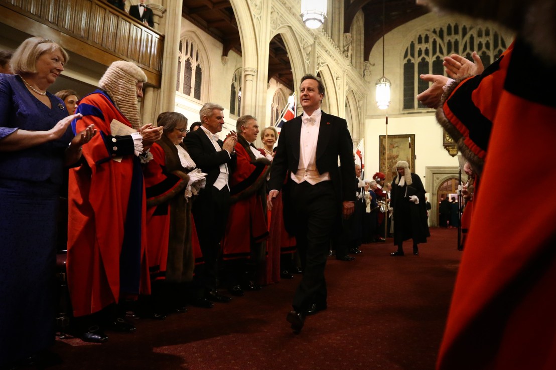 LONDON, ENGLAND - NOVEMBER 10: British Prime Minister David Cameron attends the Lord Mayor's Banquet at The Guildhall on November 10, 2014 in London, England. The Lord Mayor of London, Alan Yarrow, is hosting the annual Lord Mayor's Banquet in London's Guildhall which will feature speeches from the Prime Minister and the Archbishop of Canterbury. Alan Yarrow was recently elected 687th Lord Mayor of the City of London, a role that has been in existence since 1189. (Photo by Carl Court/Getty Images)
