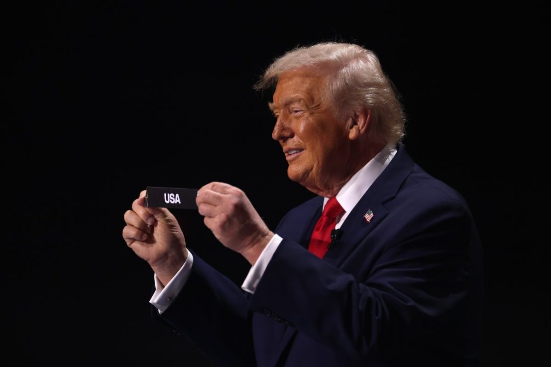 WASHINGTON, DC - DECEMBER 05: U.S. President Donald Trump draws out the card of United States during the FIFA World Cup 2026 Official Draw at John F. Kennedy Center for the Performing Arts on December 05, 2025 in Washington, DC. (Photo by Patrick Smith/Getty Images)