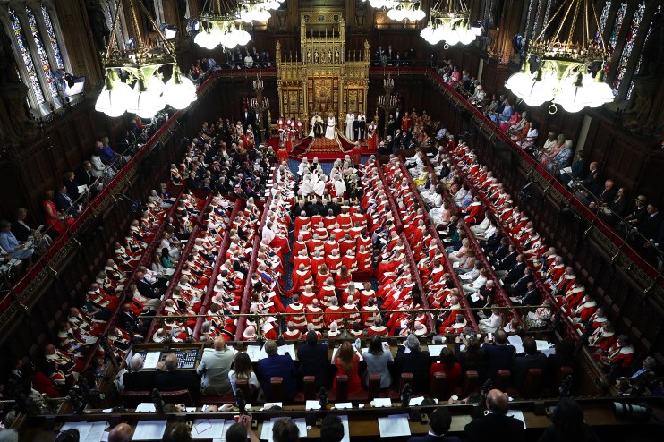 State Opening of Parliament in House of Lords with ceremonial robes and officials present