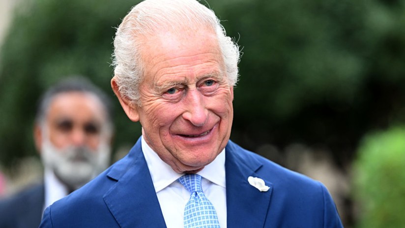 King Charles addressing the public during a royal event, wearing a formal suit and standing in front of a historic building.